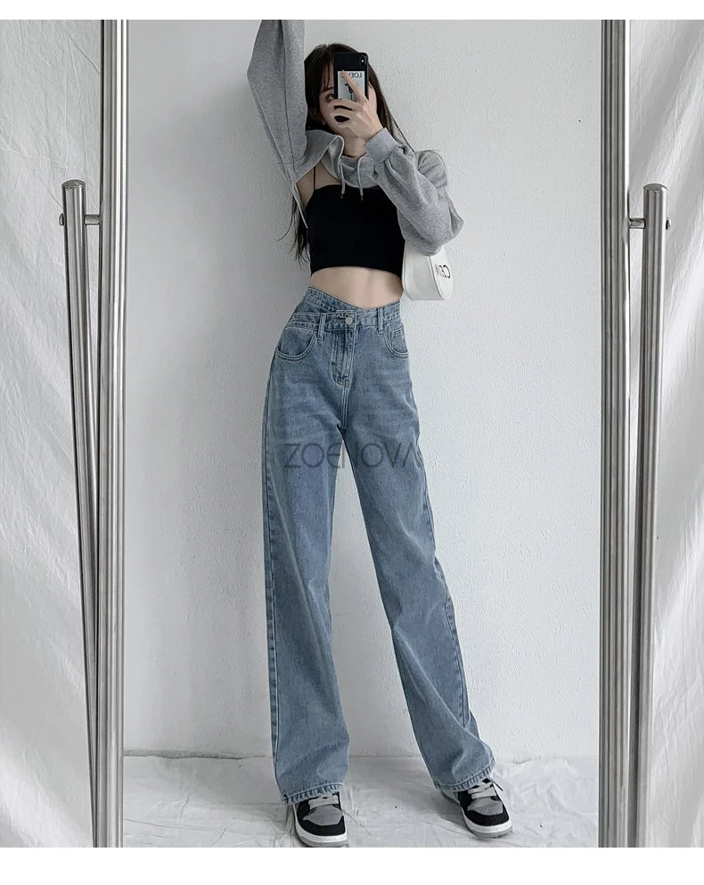 ZOENOVA Y2K 2023 Women Clothing Cross Waist Straight Wide Leg Pants Chic Korean Casual Commuting Style Baggy Streetwear Jeans