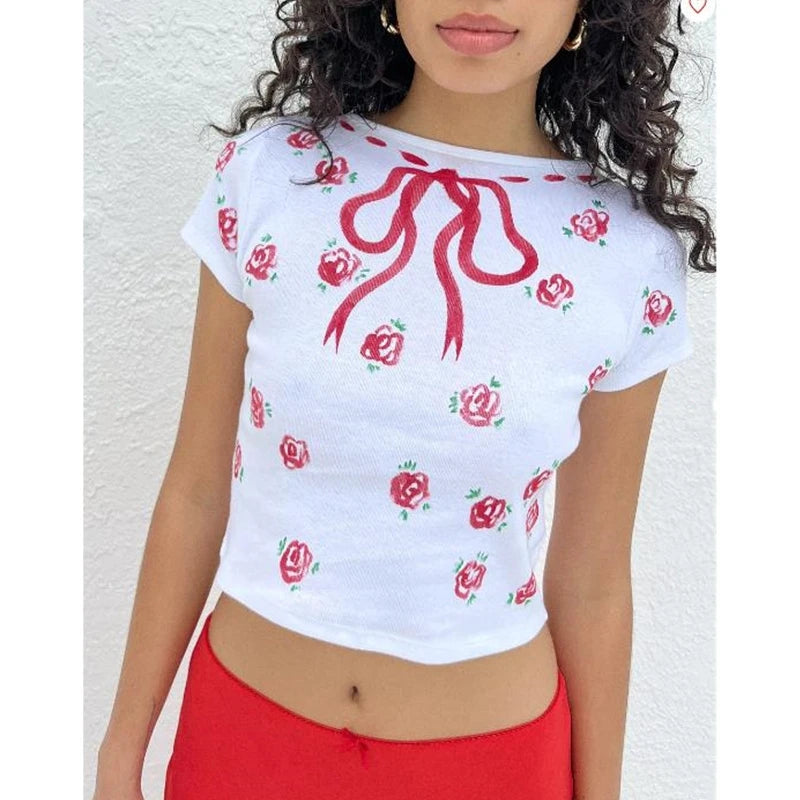 Xingqing 2000s Crop Top y2k Kawaii Clothes Women Solid Color/Pattern Print Round Neck Short Sleeve T Shirt Aesthetic Clothing
