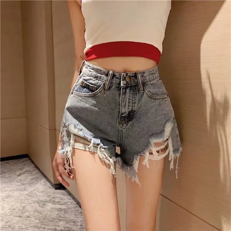Feynzz Fashion New Summer Women High Waist Button Wigh Leg Jeans Shorts Casual Female Loose Fit Blue Denim Shorts