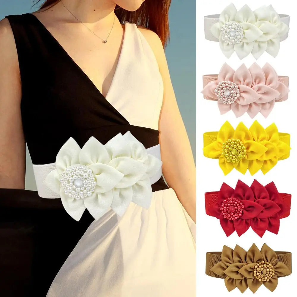 Fashion Women Stretch Waistband Flower Decoration Wide Waist Belt Dress Coat Suit Decorative Waistband