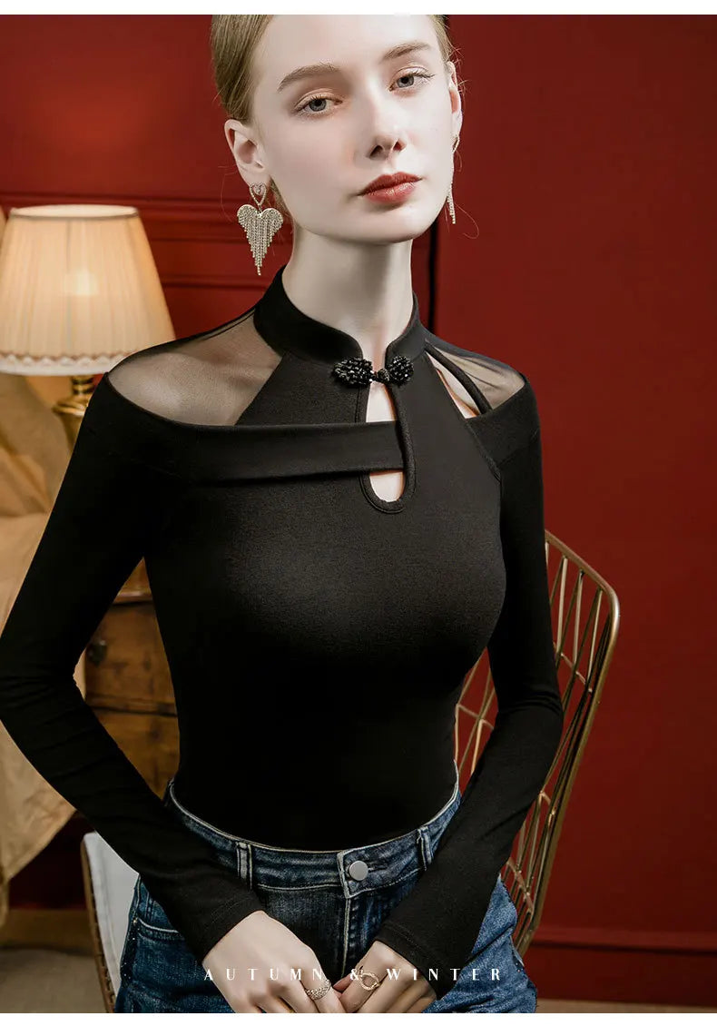 Vintage Irregular Mesh Long Sleeve T-Shirt, Show Collarbone Tops for Fall and Winter, Unique Qipao Base Shirt for Women
