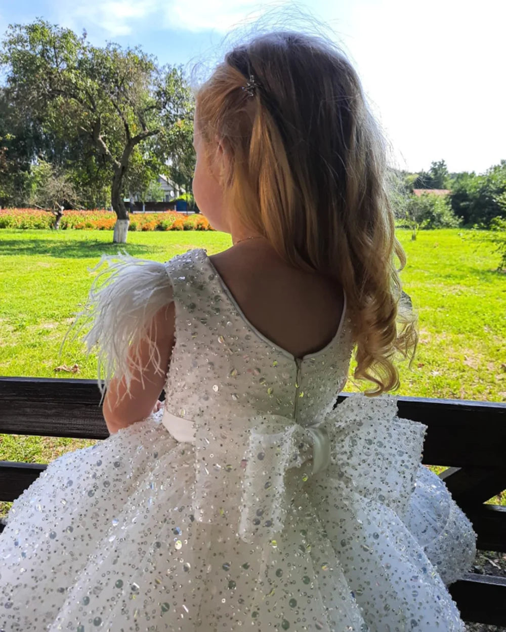 3-9 Years White Tulle Girl Dress Sequined Bows Children's First Communion Ball Gown Wedding Party Bridesmaid Dress Kids Princess