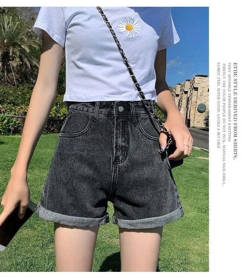 Shorts Women Black Gray Denim Shorts For Women Summer High Waist  Loose Ropa Mujer