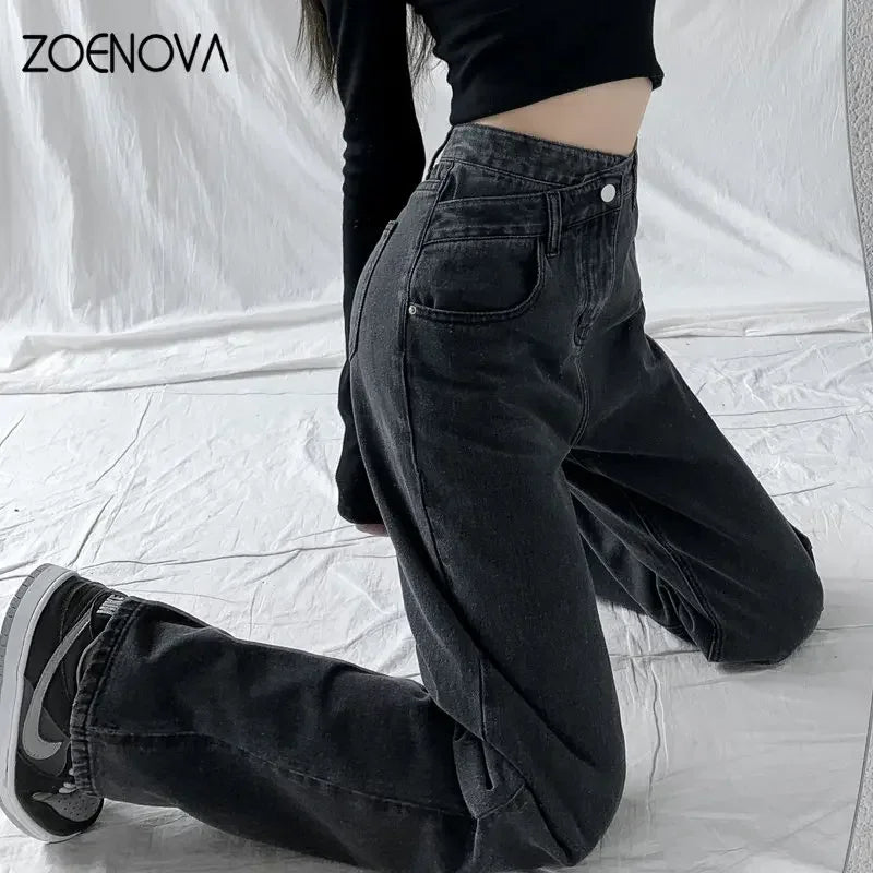 ZOENOVA Y2K 2023 Women Clothing Cross Waist Straight Wide Leg Pants Chic Korean Casual Commuting Style Baggy Streetwear Jeans