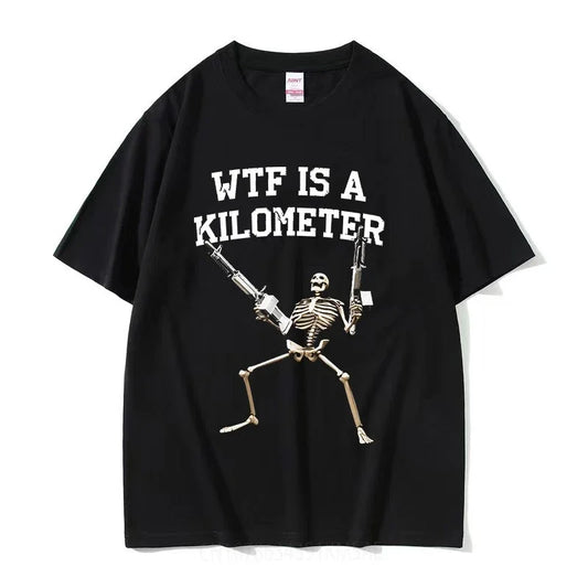 Retro Skeleton WTF Is A Kilometer Funny Meme T Shirt Men Fashion Gothic Clothing T-shirts Unisex O-Neck Oversized Cotton T-shirt