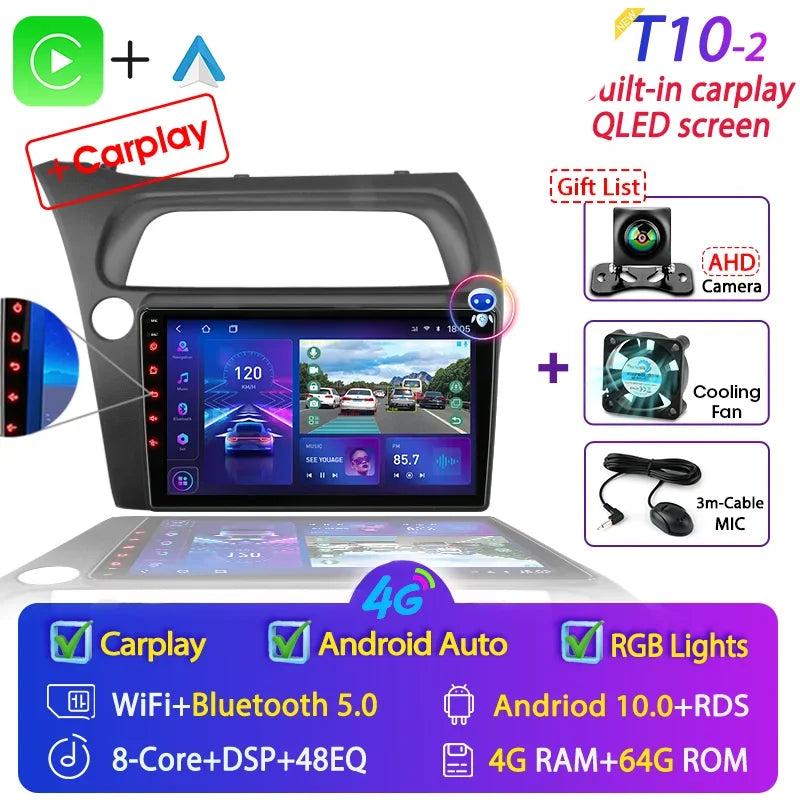 For Honda Civic Hatchback 2006-2011 Android 12 Car Radio Multimedia Video Navigation 2 Din Stereo DVD Head Unit Speaker Carplay