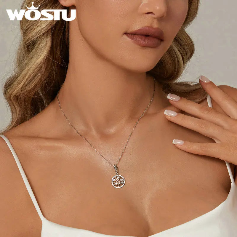 WOSTU 925 Sterling Silver Tree of Life Pendant Plated White Rose Gold Rose Charm Spacer Beads Fit Original Bracelet for Women
