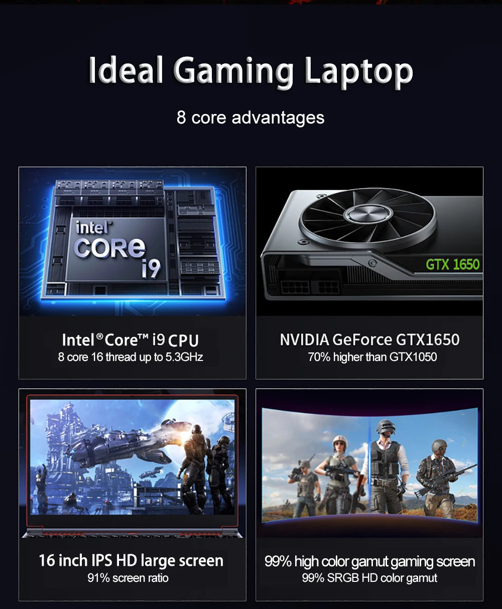 16.1 Inch Gaming Laptop Computer RTX4050 6G Intel Core i9-13900H i9-10885H windows11 RAM Max 64GB DDR4 2*M.2 NVME 4TB SSD WiFi