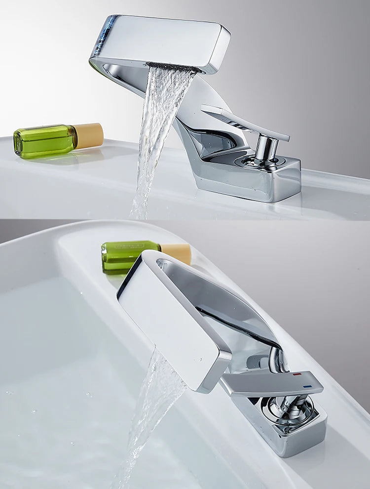 TOLM Chrome White Basin Faucet Deck Mounted Waterfall Bathroom Vessel Sink Mixer Tap Single Handle Hot Cold Water Tap