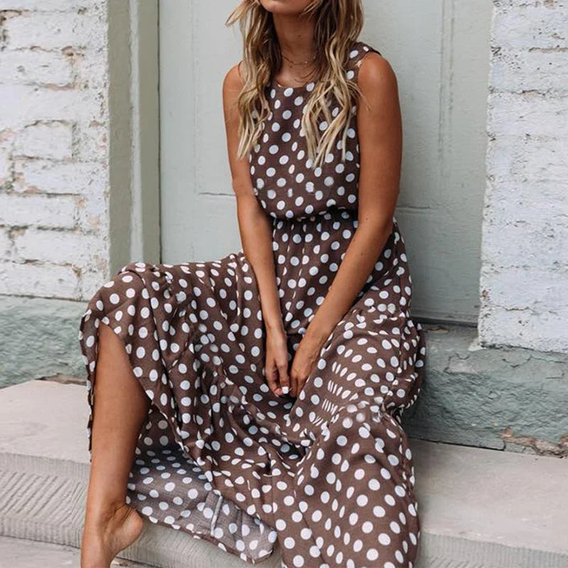 Customized Summer Sleeveless Polka Dot Print Midi Dress Casual Women Fashion Dresses A-Line Boho Elegant Brown Long Dress