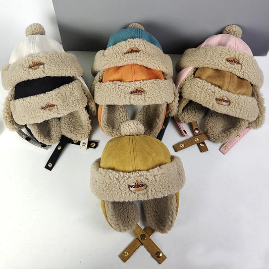 Boy Baby Plush Warm  Scarf Hat Set Autumn Winter Plush Thick Girl Kid Ear Protection Cap Simple Versatile Children Pullover Caps