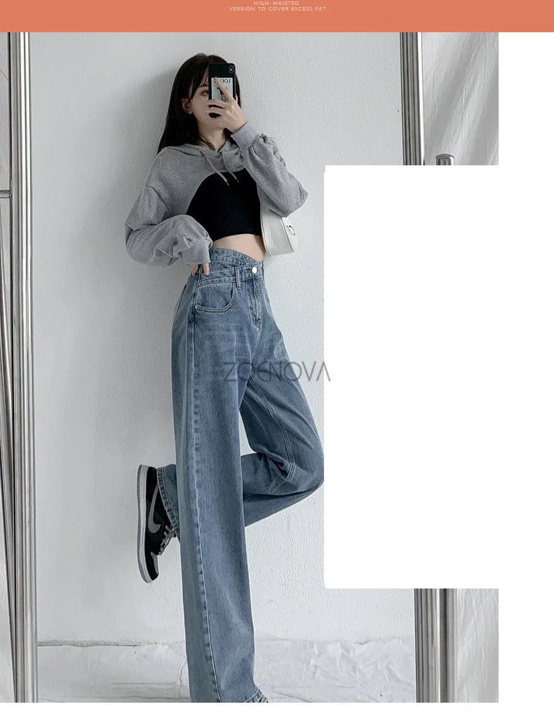 ZOENOVA Y2K 2023 Women Clothing Cross Waist Straight Wide Leg Pants Chic Korean Casual Commuting Style Baggy Streetwear Jeans