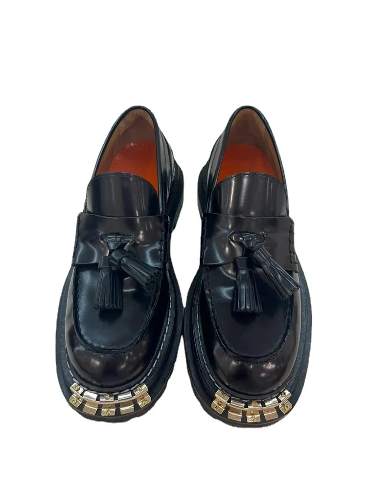 IOO Single Shoes 2025 Spring Winter Brand S Hundreds of Big Gold Teeth Tasseled Louboutins Mary Jane