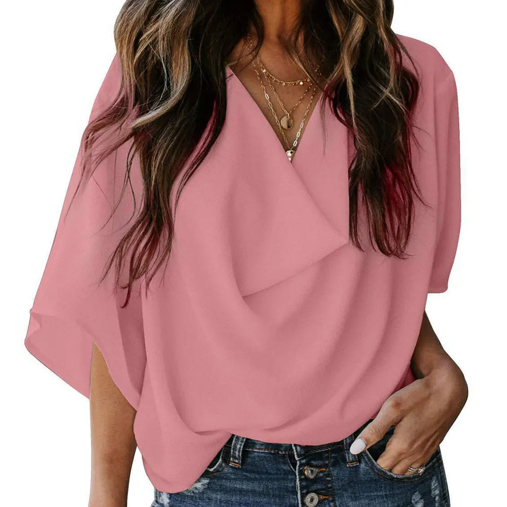Jocoo Jolee Women Pullover Elegant Blouse Chiffon Flare Sleeve V-Neck Solid Pleated Loose Summer Office Lady Casual Basic Shirt