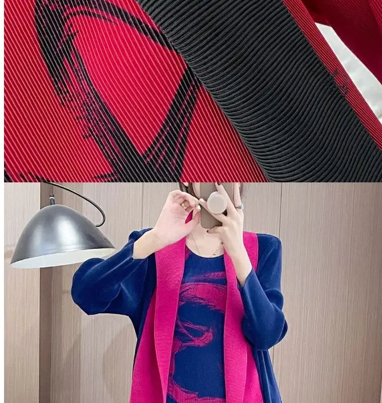 Folded Fake Two Piece Dress 2025 Spring Large Sleeves Round Neck Printed Mom's Dress  Y2k Dress