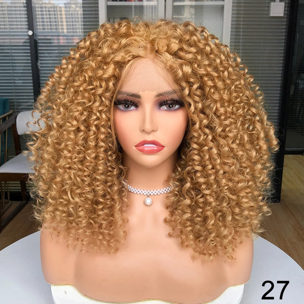 Short Bob Wig Lace Front Wigs for Women Afro Kinky Curly Wigs Ombre Brown Synthetic Middle Nature Hair Black Headgear with Clips