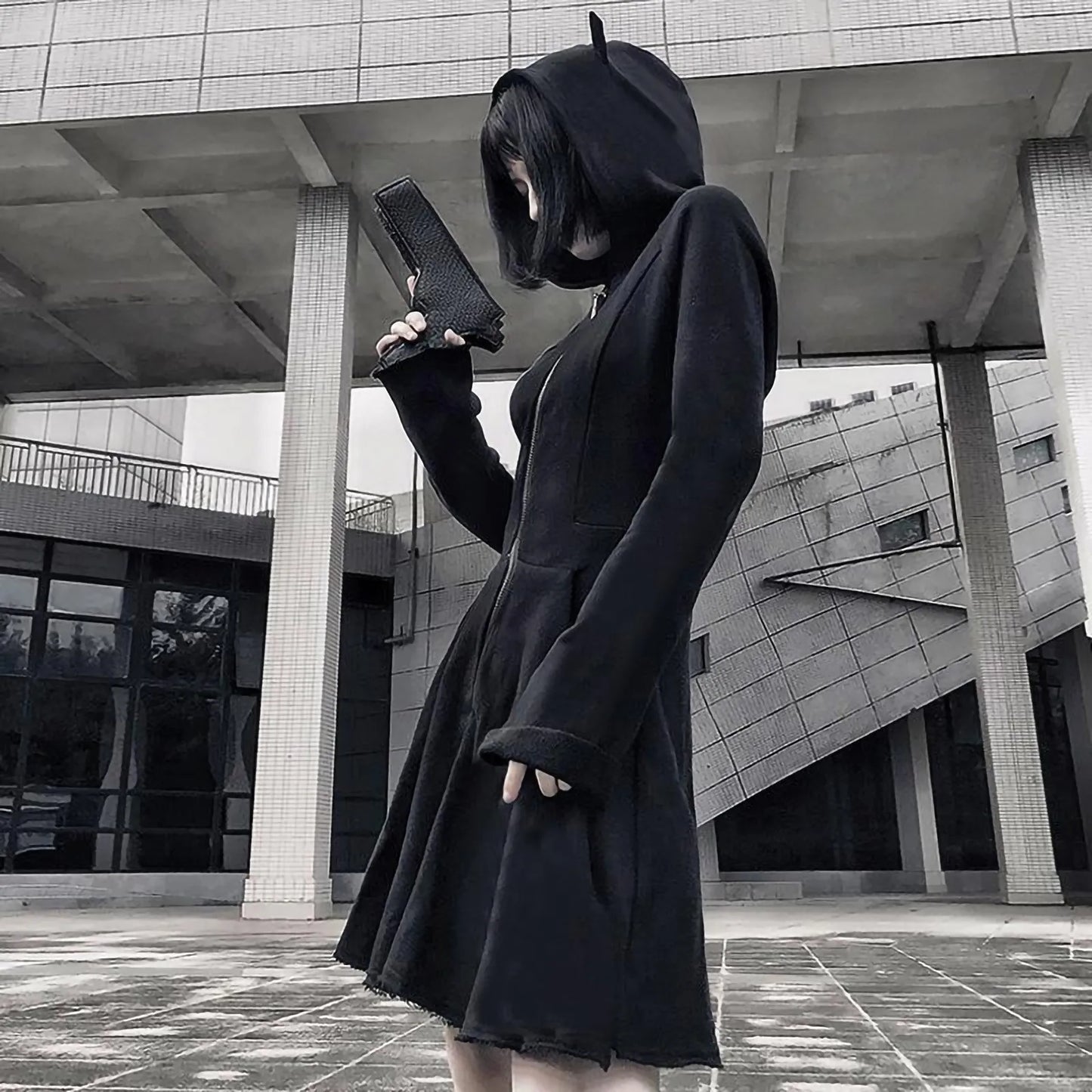 Gothic Hoodies Women Retro Harajuku Hip Hop Jacket Cat Ear Zip Up Long Sweat Dress Casual Loose Sweatshirt Clothes Y2k Tops