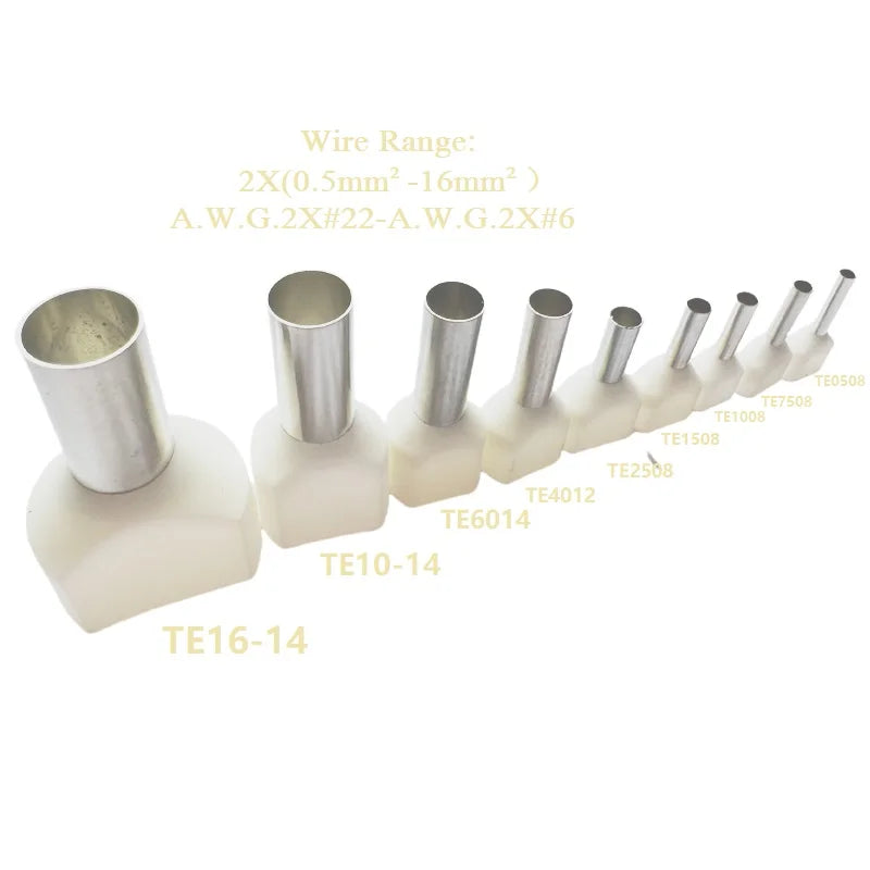 100PCS 2x(0.5mm²~16mm²) Dual Wires Copper Insulated Ferrules Cord End Crimp Terminal Electrical Cable Lug TE2508 AWG 2X(#22-#6)