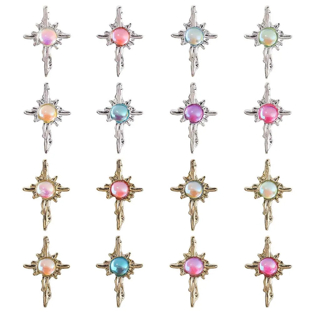 10pcs Round Zircon Nail Rhinestones 3D Candy Jelly Aurora Gem On Tips Gold/Silver Cross Nail Decor Parts DIY Luxury Nail Parts