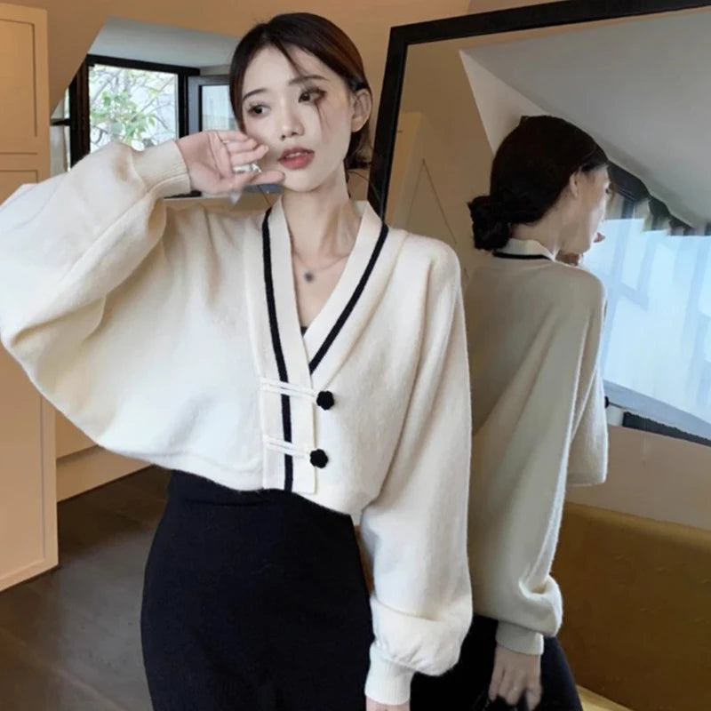 Women's Cardigan Short Coat Korean Version V Neck Contrast Colors Loose Sweet Gentle Chinese Style Knitted Long Sleeves