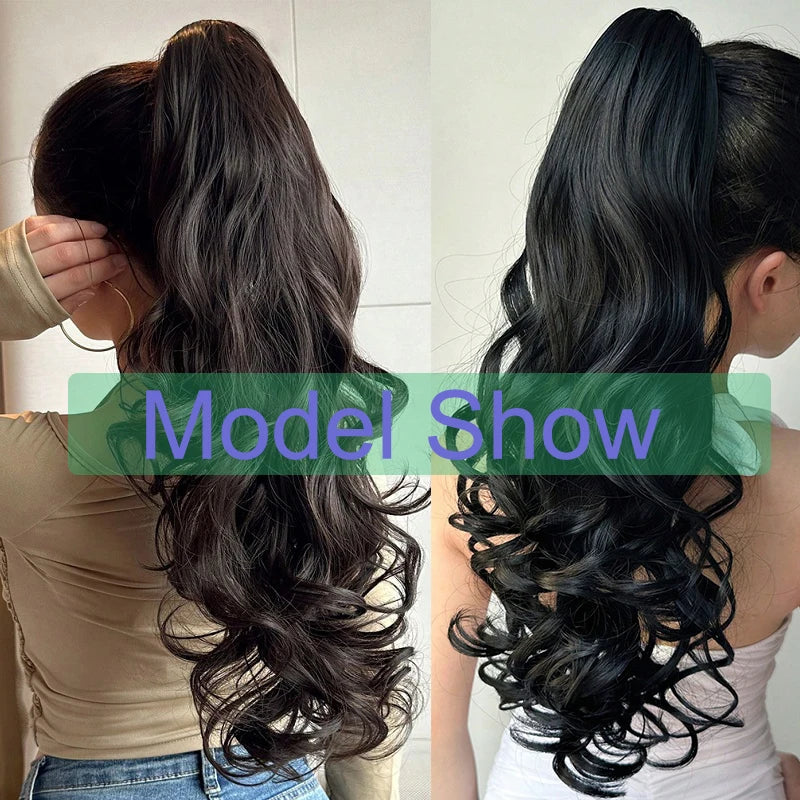 Synthetic 22Inch Long Wavy Curly Layered Ponytail Drawstring Clip in Hairpiece Black Blonde Hair for Women