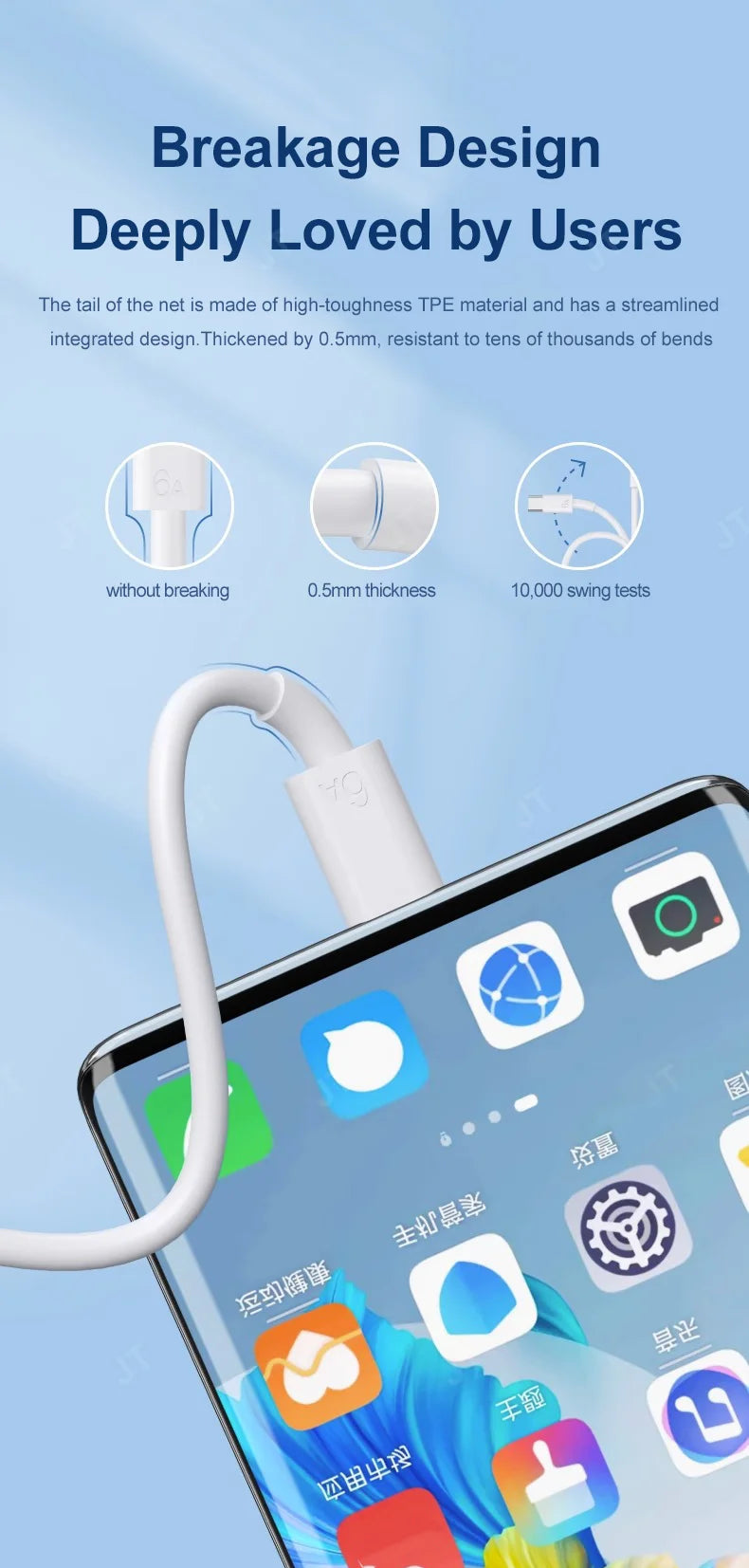 66W 6A Fast Charging USB Type C Cable For  Xiaomi 13 Huawei  P30 Notebook Dual USB C Fast Charger Cable Data Cables