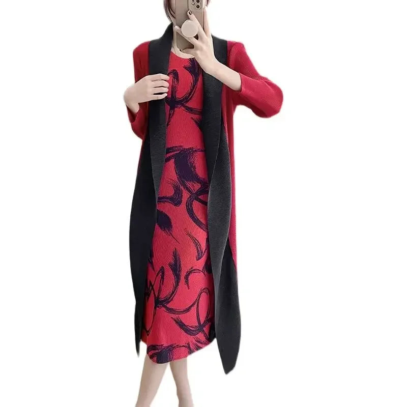 Folded Fake Two Piece Dress 2025 Spring Large Sleeves Round Neck Printed Mom's Dress  Y2k Dress