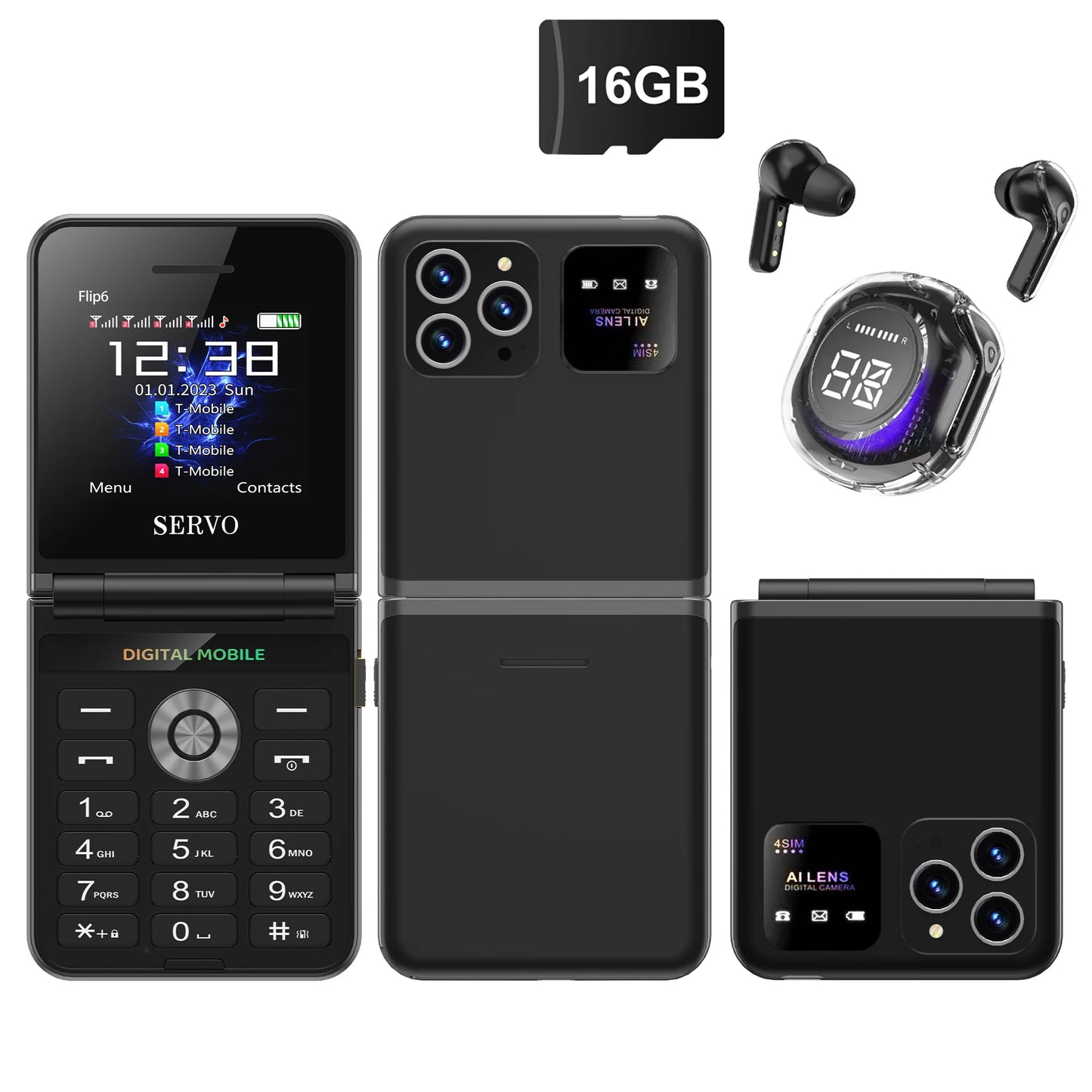 SERVO Flip6 GSM Fold Mobile Phone 4 SIM Card 2.4'' Screen Auto Call Record Button Torch Speed Dial Magic Voice Popular Cellphone