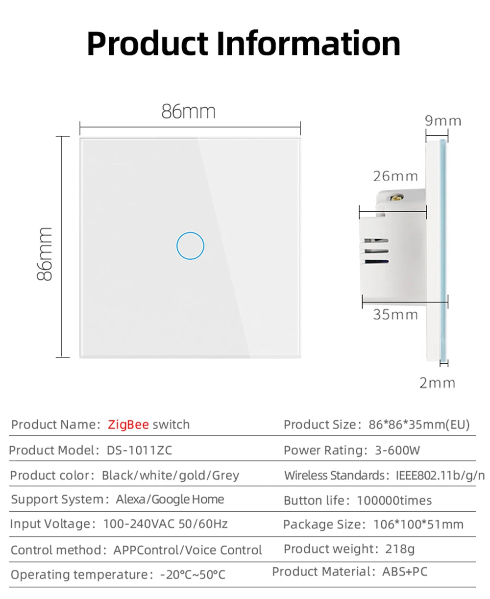 ZigBeeTuya Smart Light Touch Switch EU No Neutral Wire No Capacitor Required Smart Life 1/2/3 Gang Work with Alexa Google Home