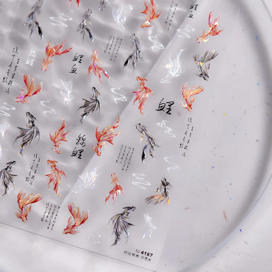 Chinese Koi Goldfish Carp Red White Black Fish Lotus Flower Dolphin Mermaid Summer Soft Reliefs Nail Art Stickers Manicure Decal