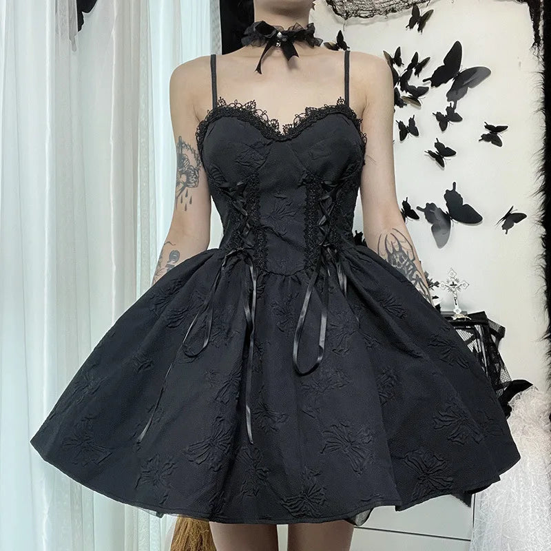 Mall Gothic Emo Jacquard A-line Dresses Goth dress Elegant Grunge Ruched Bandage Partywear Punk Black Women Halloween Club Dress