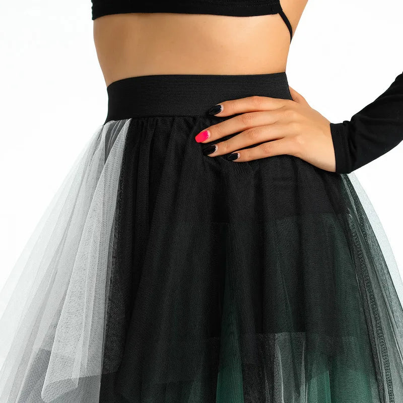 WPNAKS Women Mesh Midi Skirt Summer Clothes Fashion Elegant Elastic Waist Contrast Color Tulle Skirt Female Clothing Streetwear