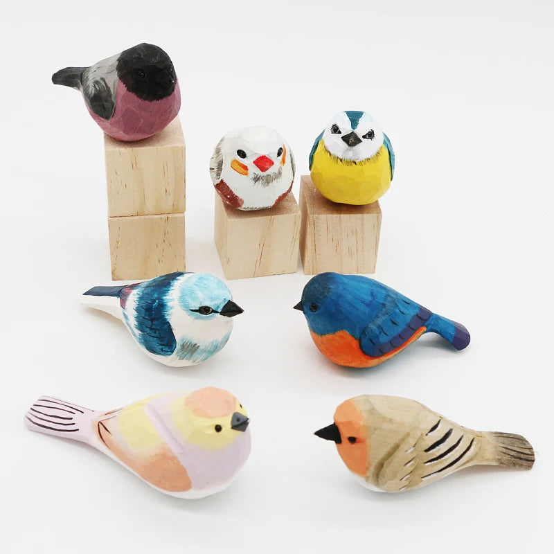 Cute Wooden Bird Figurine Ornaments Painted Hand Carved Wood Birds Statue Carving Animals Miniature Crafts Table Decorate Gifts