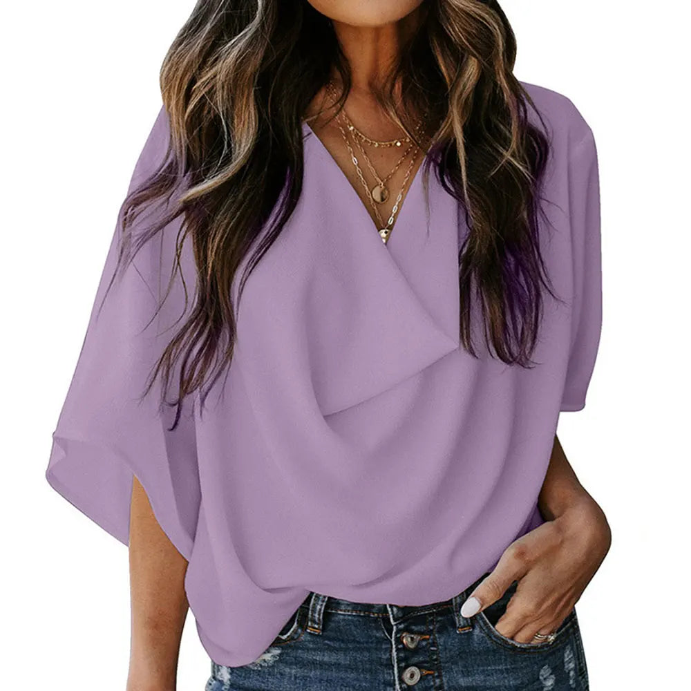 Jocoo Jolee Women Pullover Elegant Blouse Chiffon Flare Sleeve V-Neck Solid Pleated Loose Summer Office Lady Casual Basic Shirt
