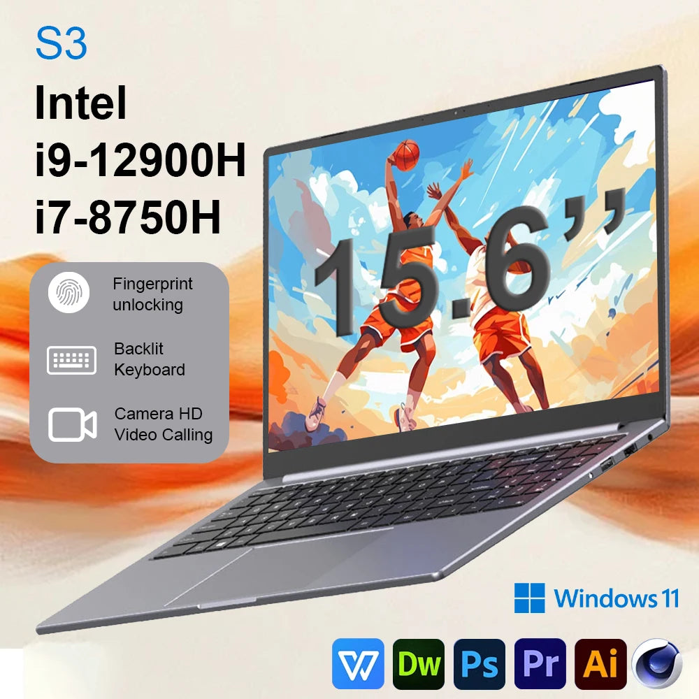 NEW S3 Computer 15.6 Inch Intel Core i9-12900H/i7-8750H Por Laptop 2*DDR4 2*M.2 64GB 2TB SSD  Windows 11 Fingerprint Unlock 60Hz