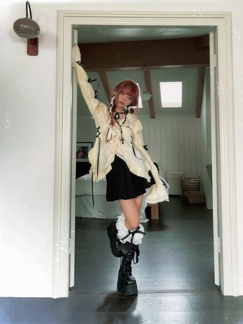 Japanese Gothic Harajuku Solid Sweet Bow Appliques Blouses Fashion V Neck Long Sleeve High Street Clothing Y2k Aesthetic Tee