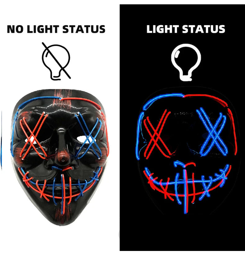 LED Dual Color Glowing Masks Halloween Letter V Horror Mask Role-Playing Carnival Cold Light Mask