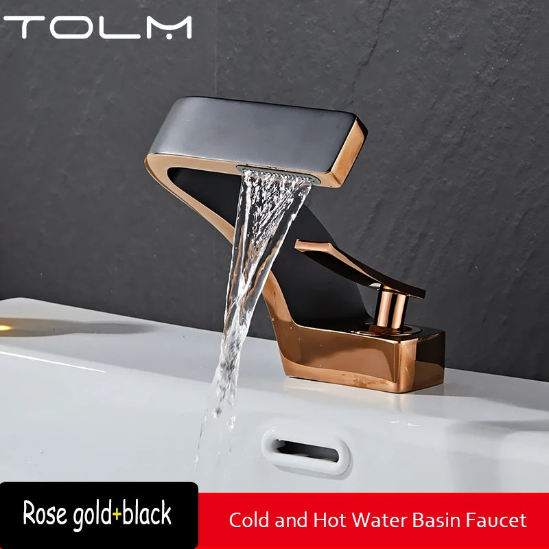 TOLM Chrome White Basin Faucet Deck Mounted Waterfall Bathroom Vessel Sink Mixer Tap Single Handle Hot Cold Water Tap
