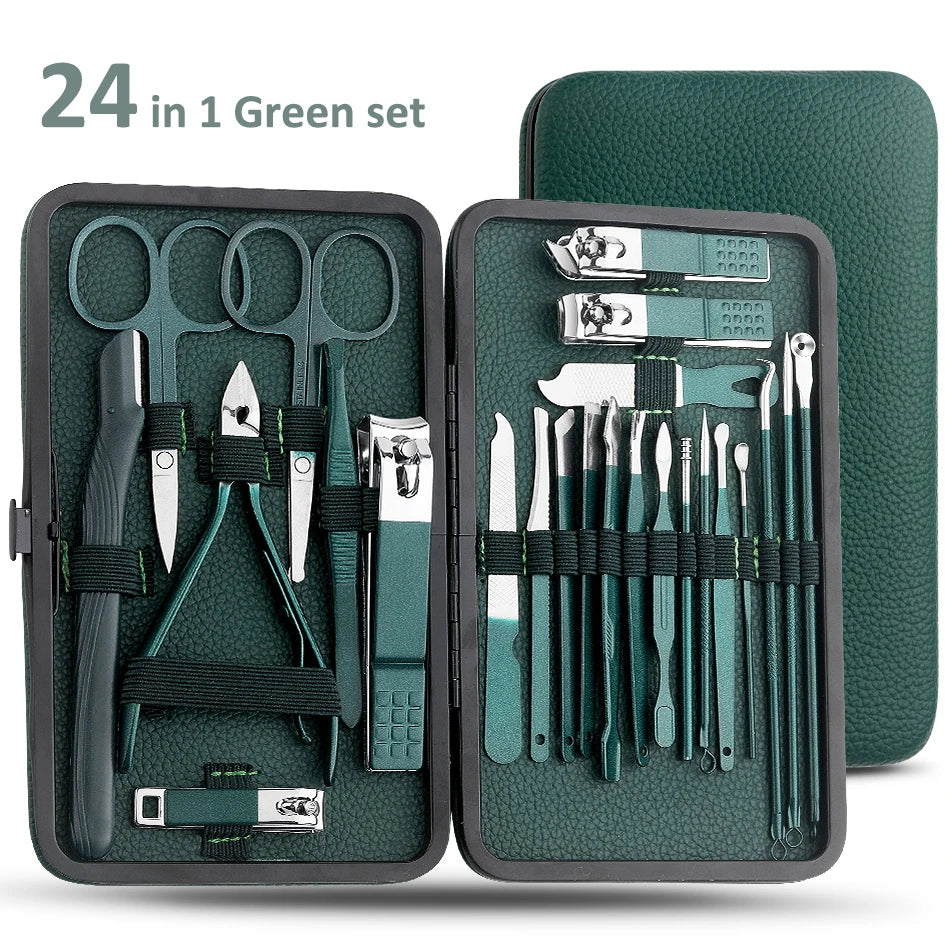 Green 7/13/24 pcs Stainless Steel Nail Cutter and Pedicure Scissors Set - Portable Manicure and Pedicure Tool Nail Clipper Set