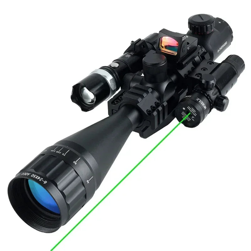 Tactical 6-24x50 AOEG Optical Sight Long Range Rifle Scope with Red Green Dot Laser Combo Riflescope Hunting Airsoft Scopes