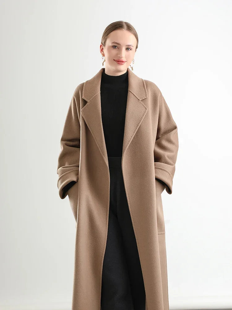 100% Real Wool Long Belt Warp Women Overcoat Classic Model Fall Winter Turn-down Collar Dense Fabric Narrow Notch Lapel Coat #08