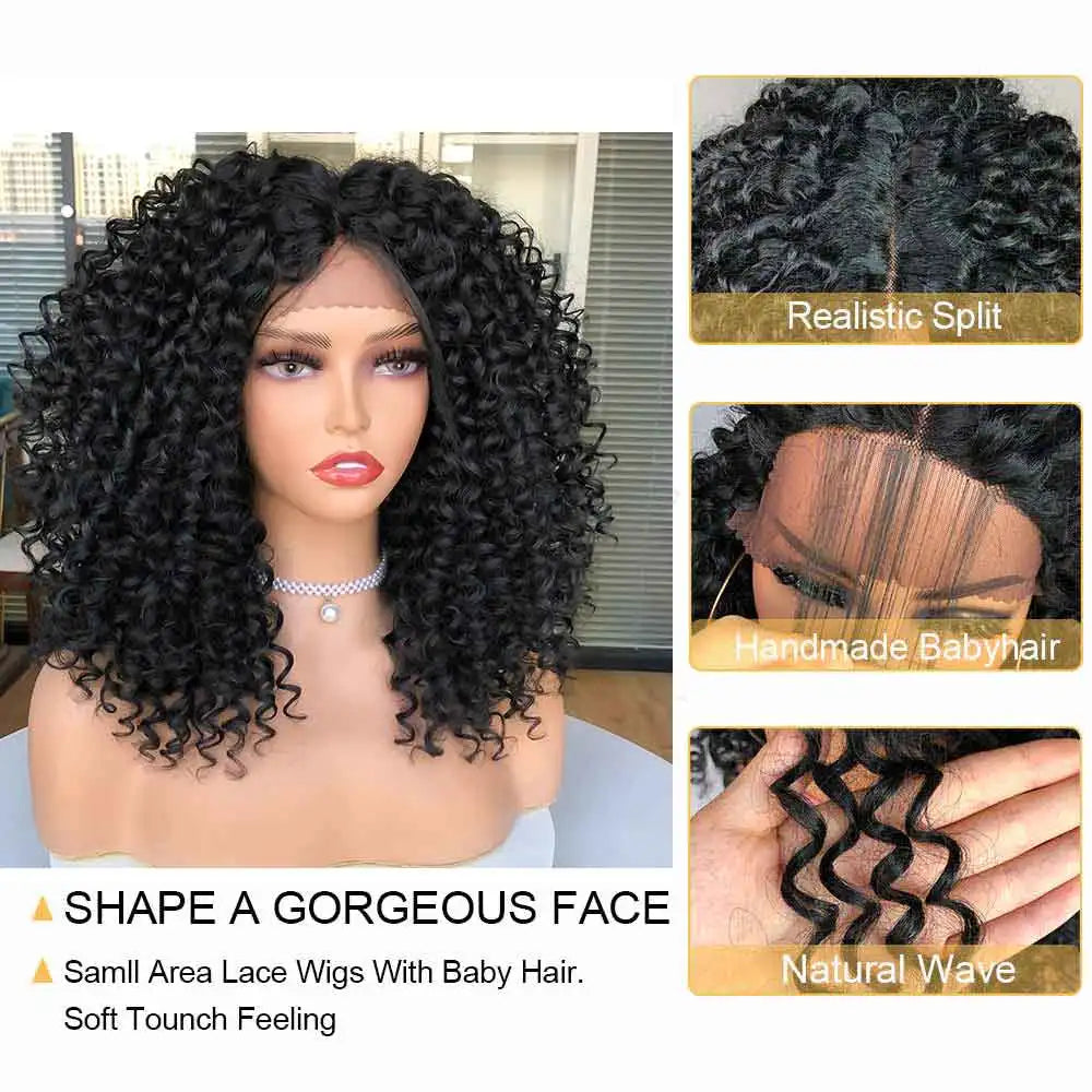 Short Bob Wig Lace Front Wigs for Women Afro Kinky Curly Wigs Ombre Brown Synthetic Middle Nature Hair Black Headgear with Clips