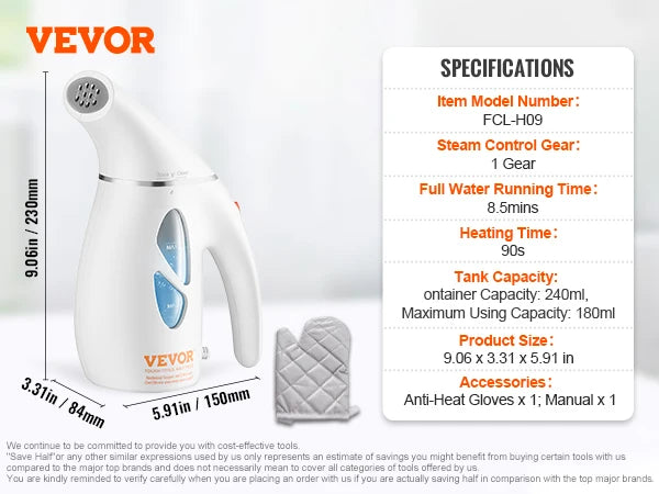 VEVOR Portable Handheld Fabric Steamer 900W Quick Heat Steamer for Clothes Wrinkle Remover Clothing Iron Garment Steam Cleaner