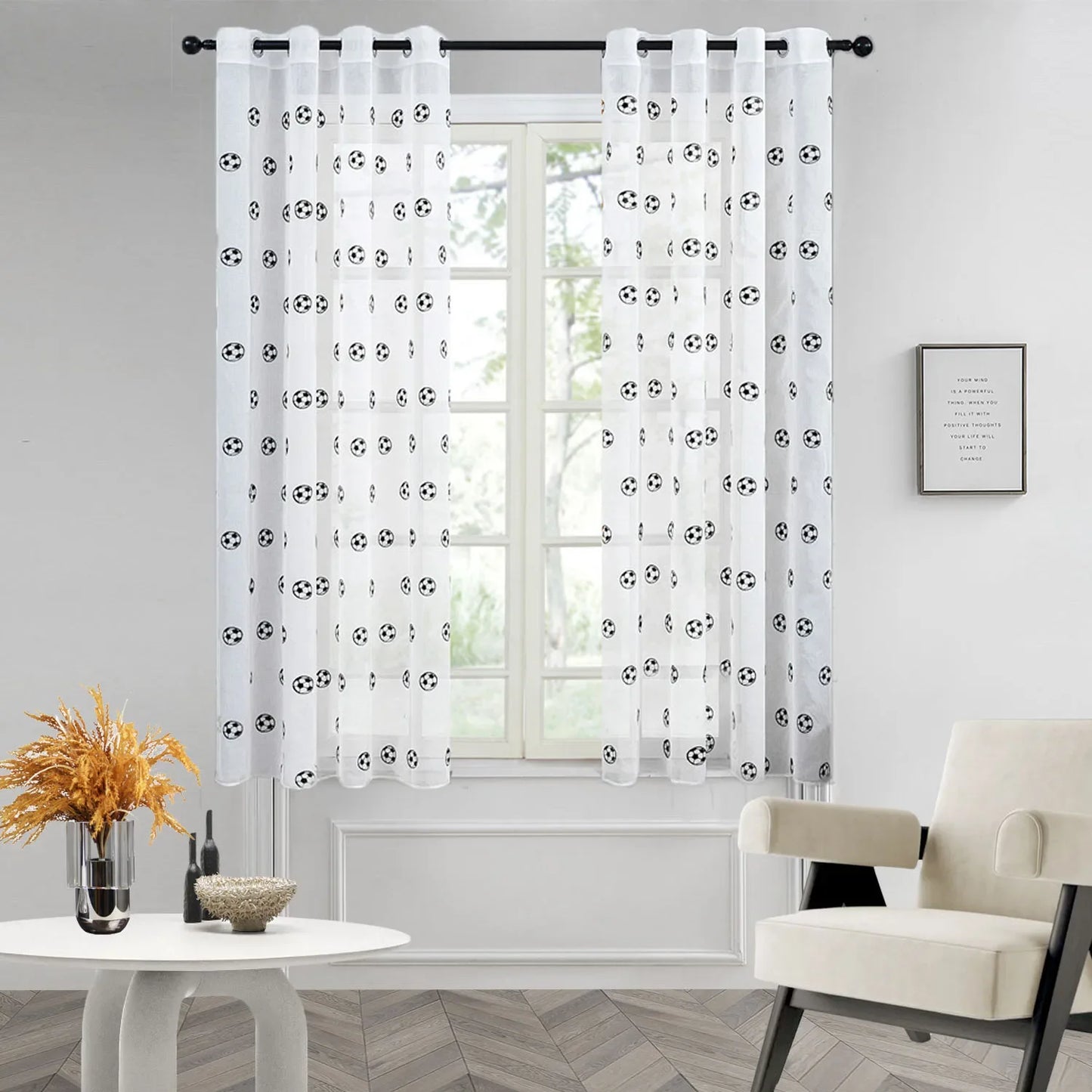 Football Embroidered Curtains, Tulle Curtain for Childrens Room, White Soccer Drapes for Living Room Bedroom Window Decoration