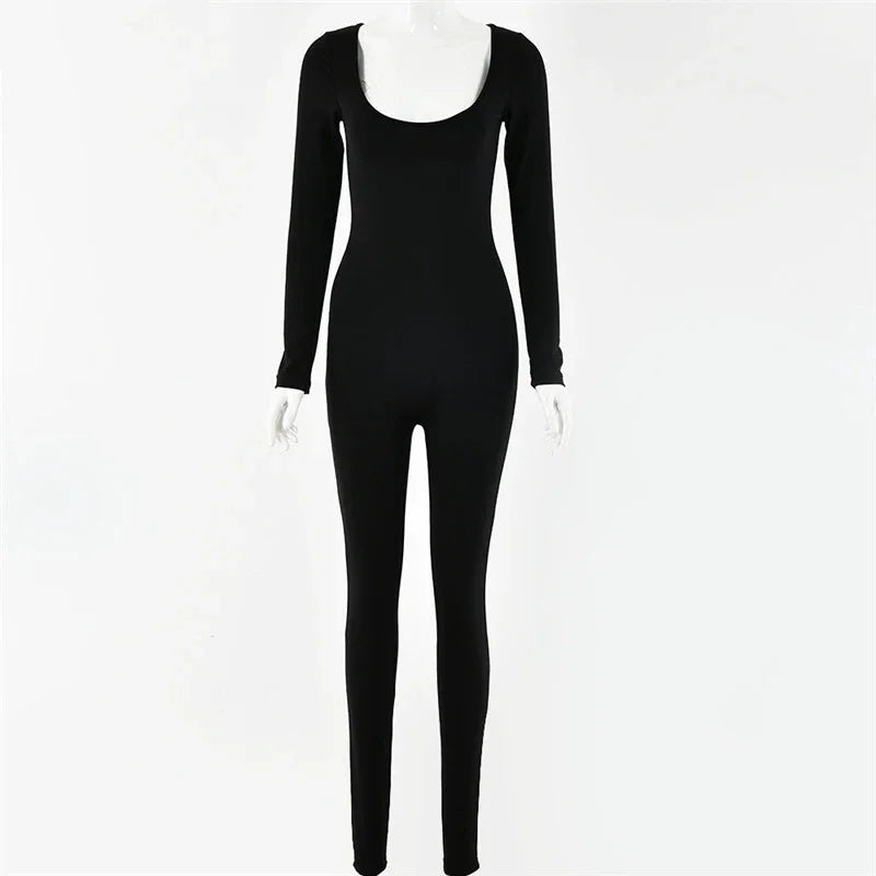 Women Solid Color Ribbed Knit Long Sleeve Jumpsuit  Square Neck Bodycon Skinny Jumpsuit  Romper Work Out Sport Yoga Playsuits