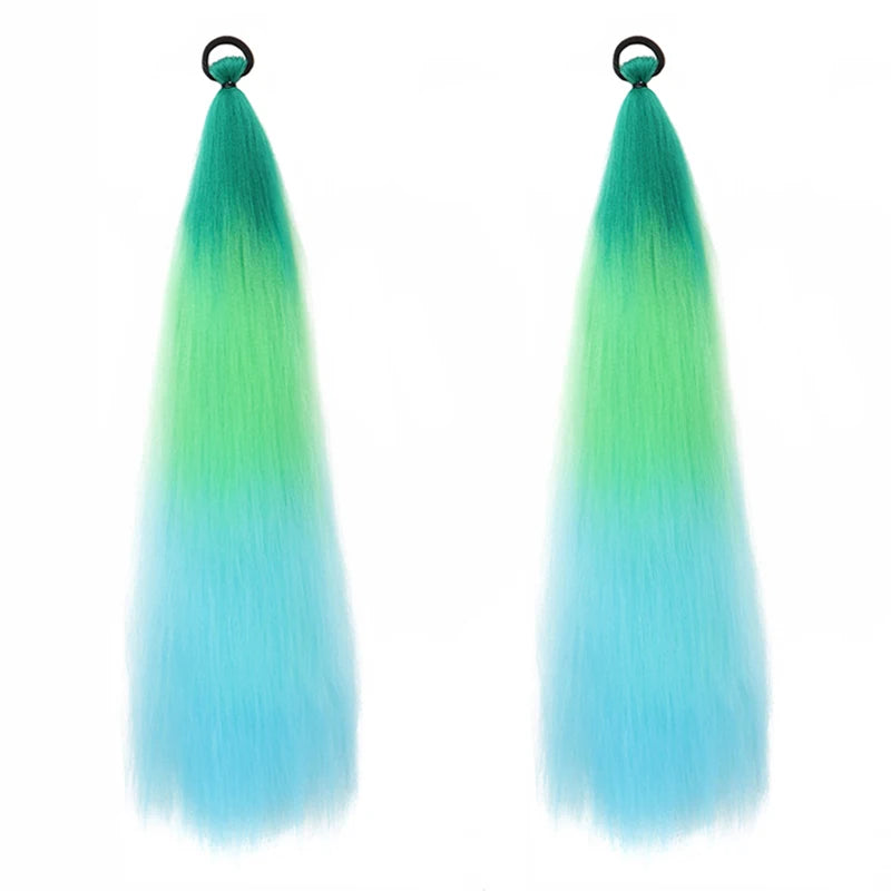 2PCS 24Inch Synthetic Long Straight Ponytail with Elastic Hair Colorful Braiding Hair Ponytail Hair Extensions Hair Accessories