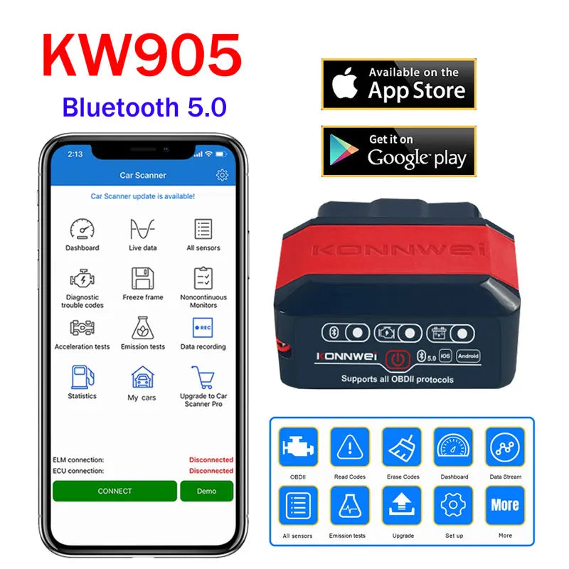 Konnwei Bluetooth 5.0 ELM327 V1.5 OBD2 Scanner KW906 OBDII Auto Diagnostic-Tools ELM 327 V 1.5 OBD 2 Car Code Readers Scan Tools