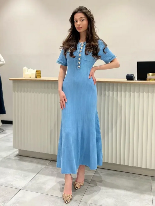 Elegant Contrast Color Single Breasted Knit Dress Women Chic O-neck Short Sleeved Pocket Slim Dresses 2024 New Lady Street Robes