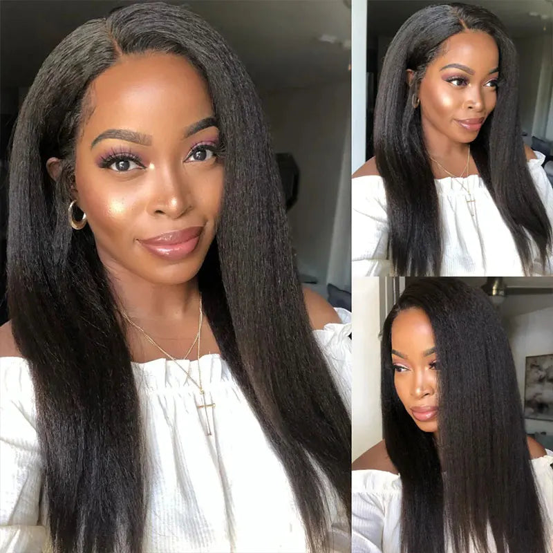 Kinky Straight 13x4 Lace Front Glueless Wig Yaki Straight Glueless Yaki Human Hair Wigs Pre Plucked Brazilian Cheap Closure Wigs