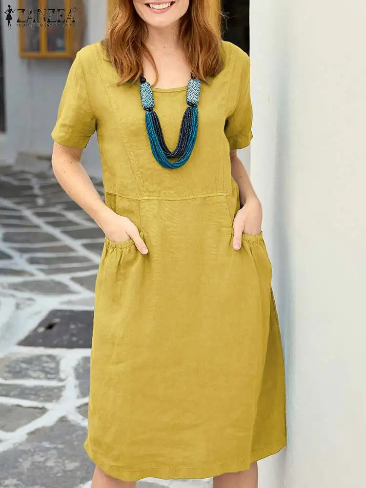 2023 ZANZEA Women Summer Dress O Neck Short Sleeve Robe Vintage Solid Work Dresses Holiday Vestidos Causal Knee Length Sundress